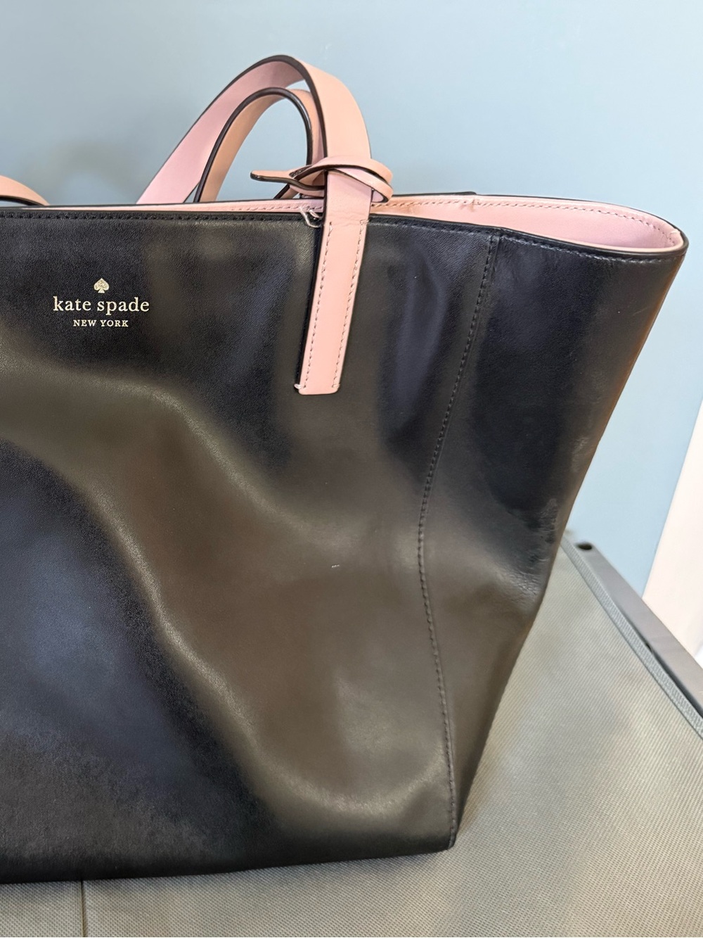kate spade Black Leather Tote with Pink Trim